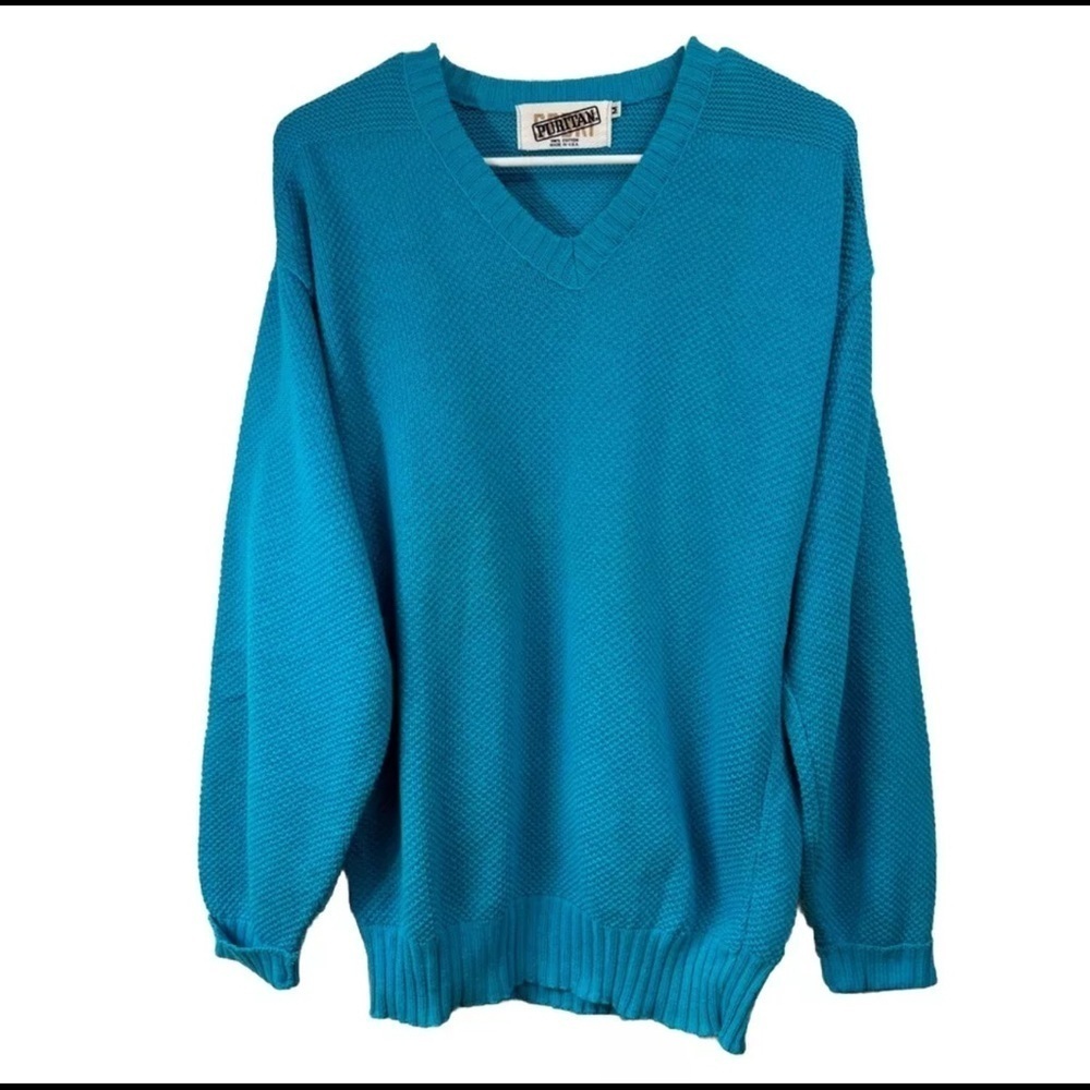 Vintage 80s 90s Puritan Size Medium Blue V-Neck Pullover Sweater 100% Cotton